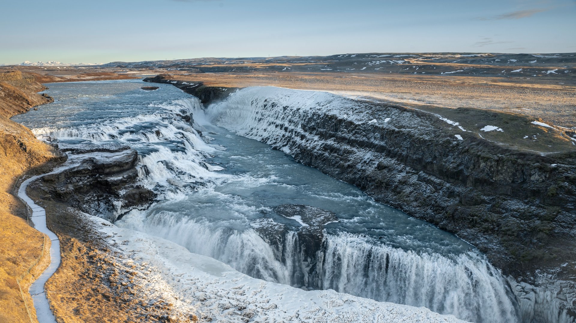 Powerful spray rising from Gullfoss in Iceland