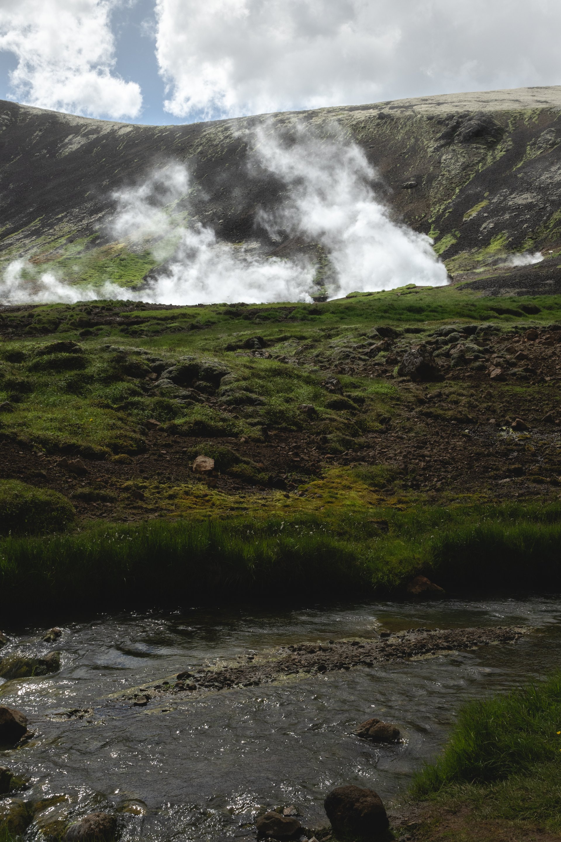 Geothermal steam vents along the Reykjadalur hiking trail