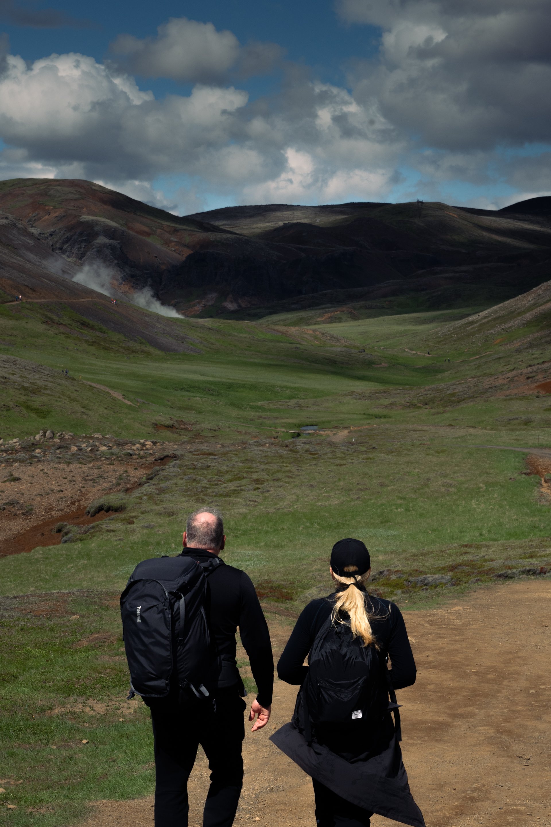 The Reykjadalur valley trail with steaming hillsides and lush green landscape