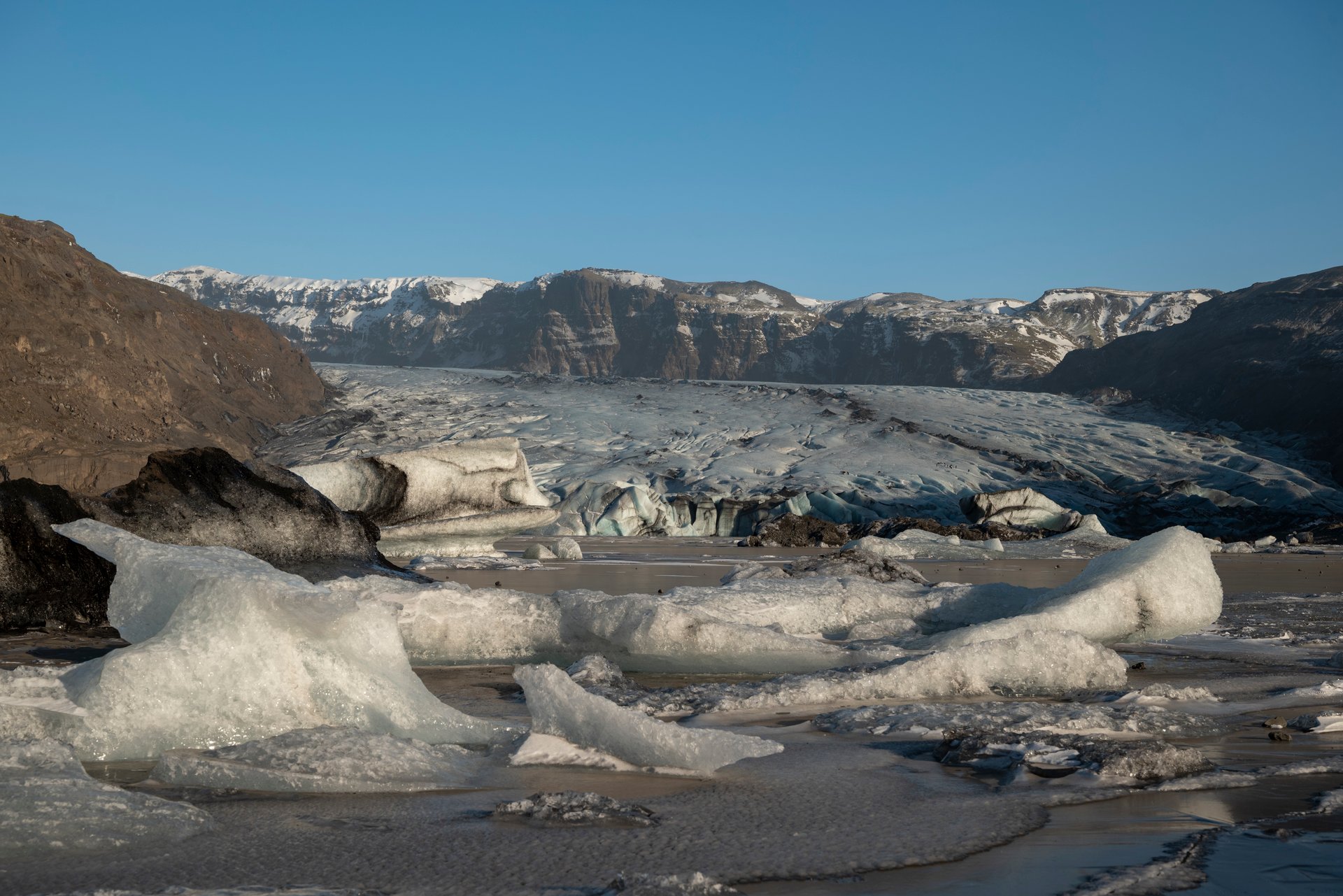 Glacier hiking on Sólheimajökull with crampons and ice axes