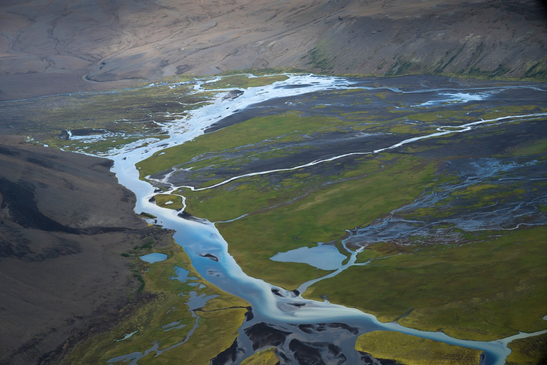 Panoramic view from helicopter cockpit over Iceland