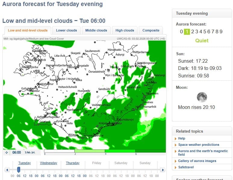 Cloud cover forecast map showing low and mid clouds on vedur.is