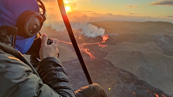 Helicopter tour over volcanic eruption site Iceland