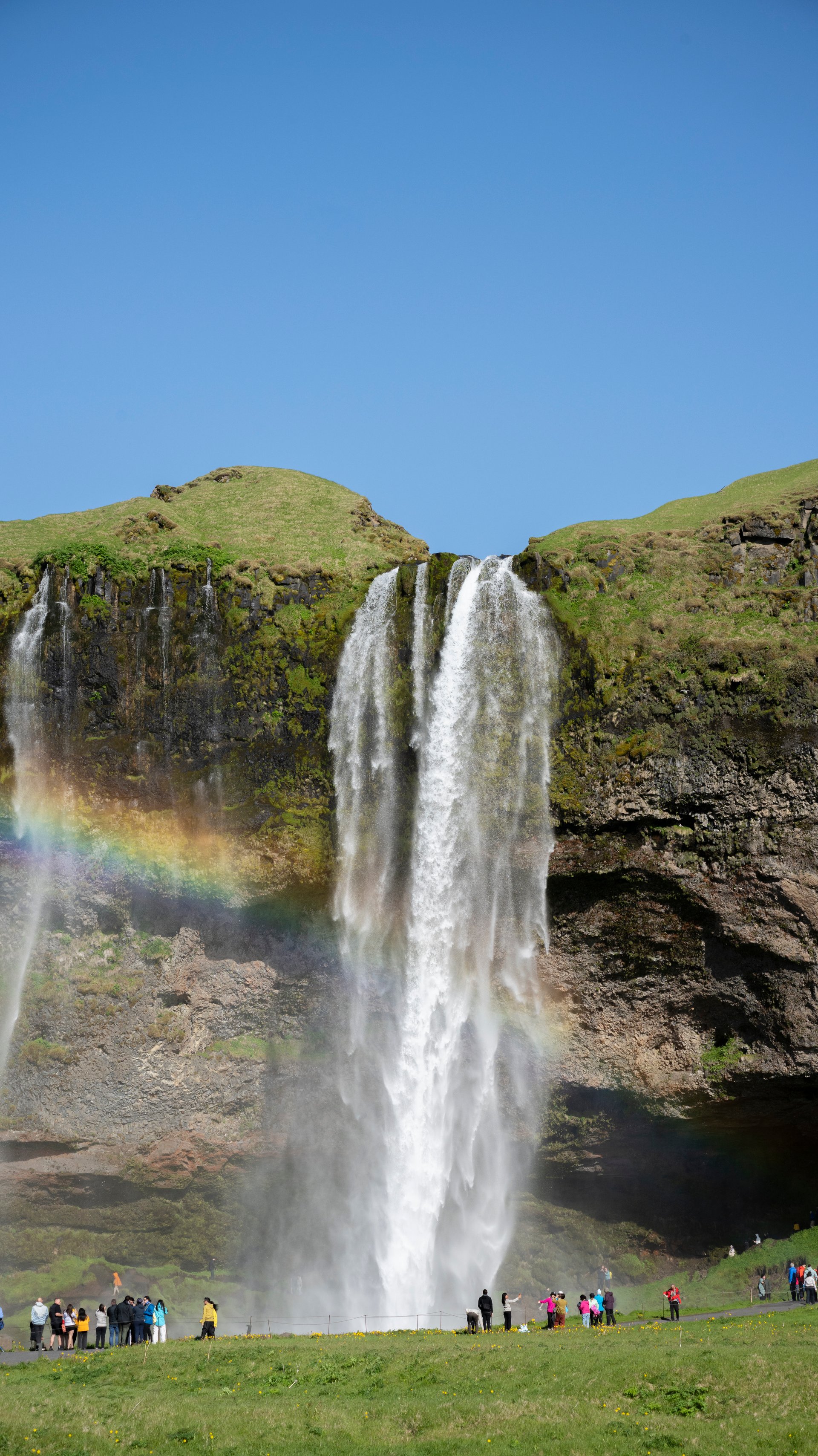 Seljalandsfoss waterfall at full flow from June snowmelt, south coast Iceland