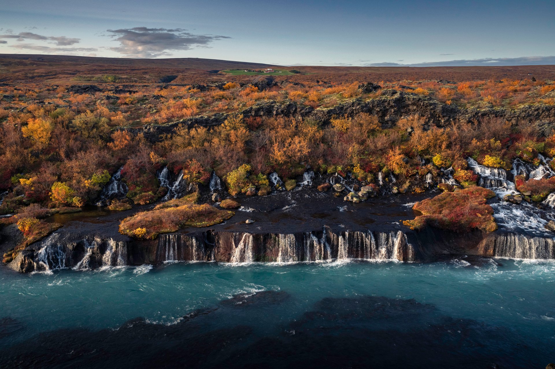 Hraunfossar lava waterfalls Iceland Silver Circle with cascading water through lava field
