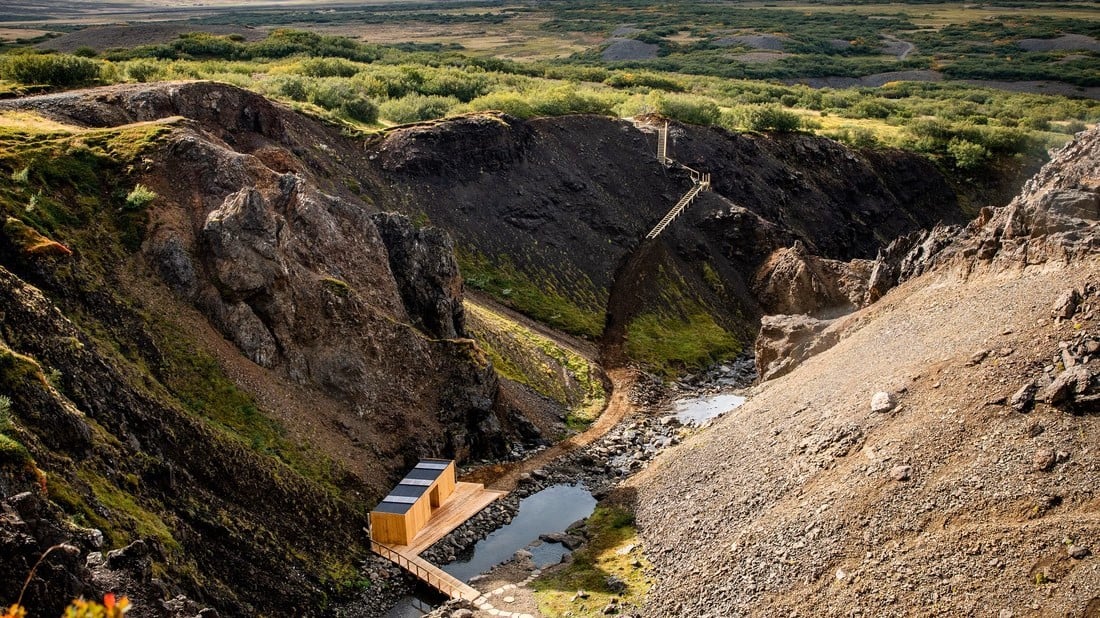 Húsafell Canyon Baths geothermal pools in dramatic canyon setting