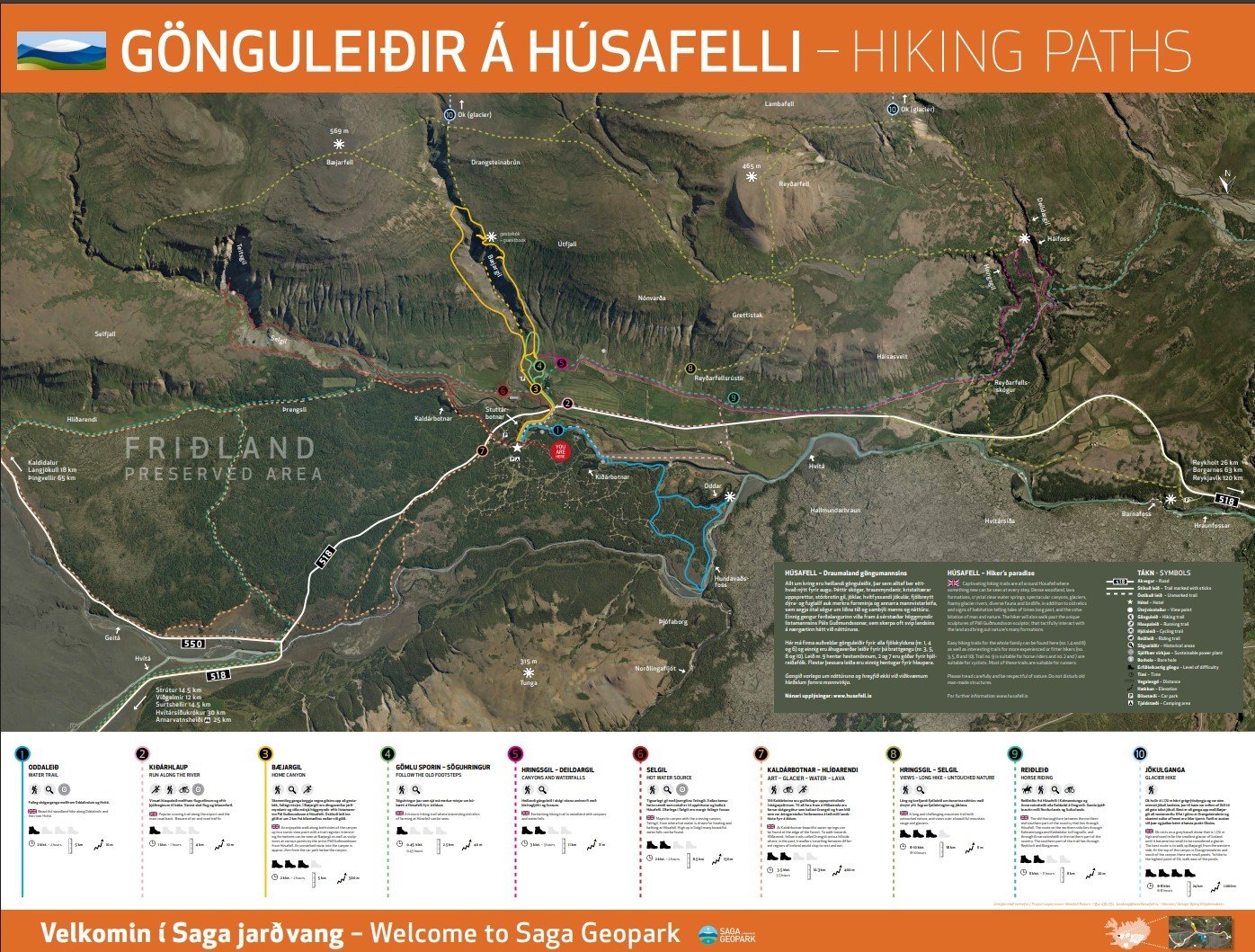 Húsafell trail map showing hiking routes around the settlement