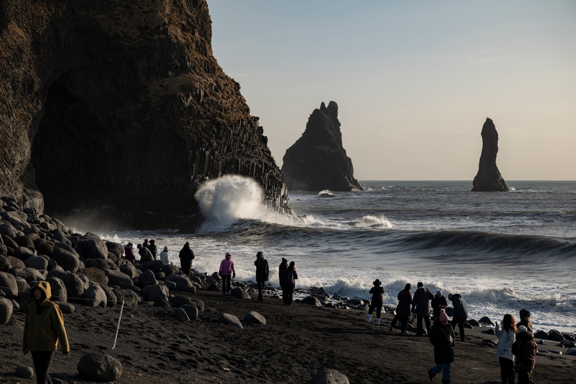Reynisfjara beach after the February 2026 landslide showing changed shoreline