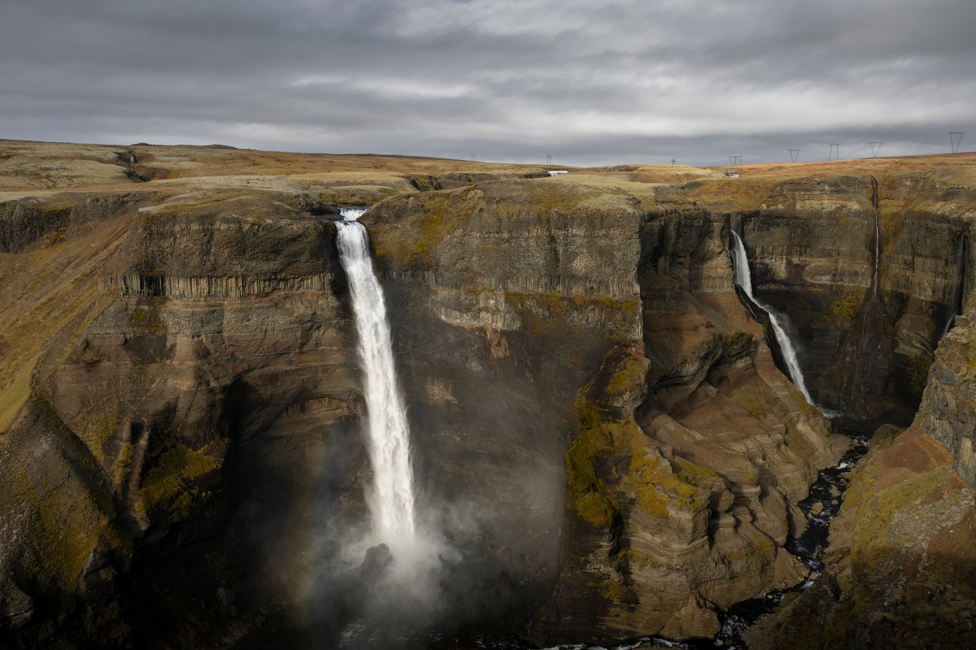 Háifoss waterfall plunging 122 meters into volcanic canyon
