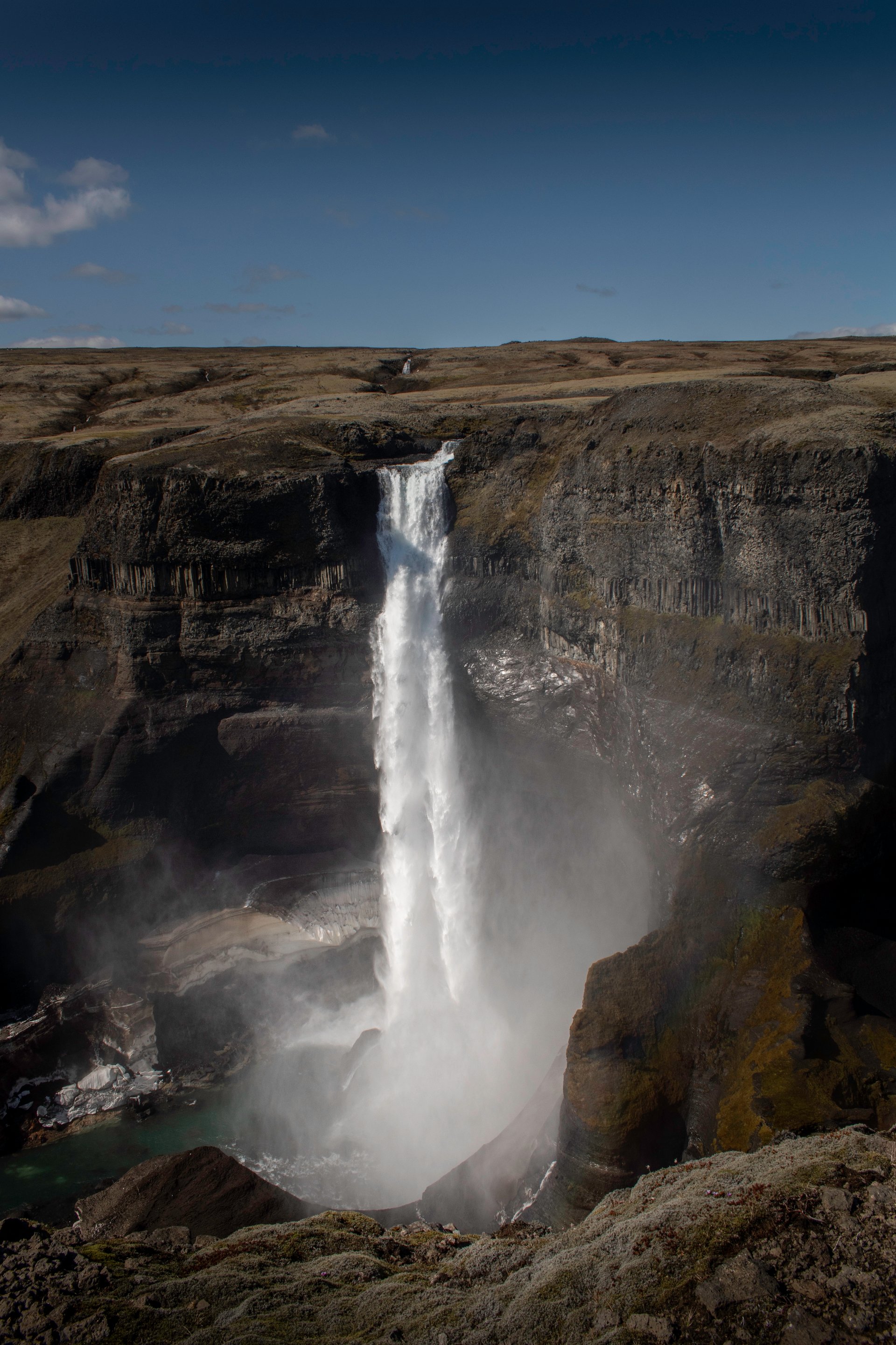 Dramatic view of Háifoss canyon with waterfalls