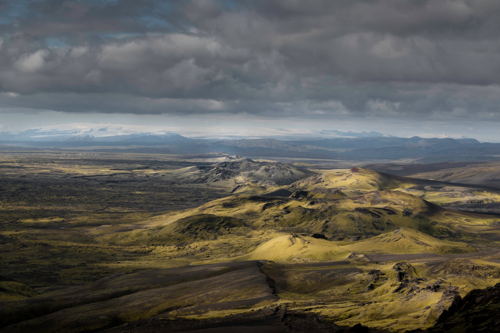 View across Laki craters toward distant glaciers