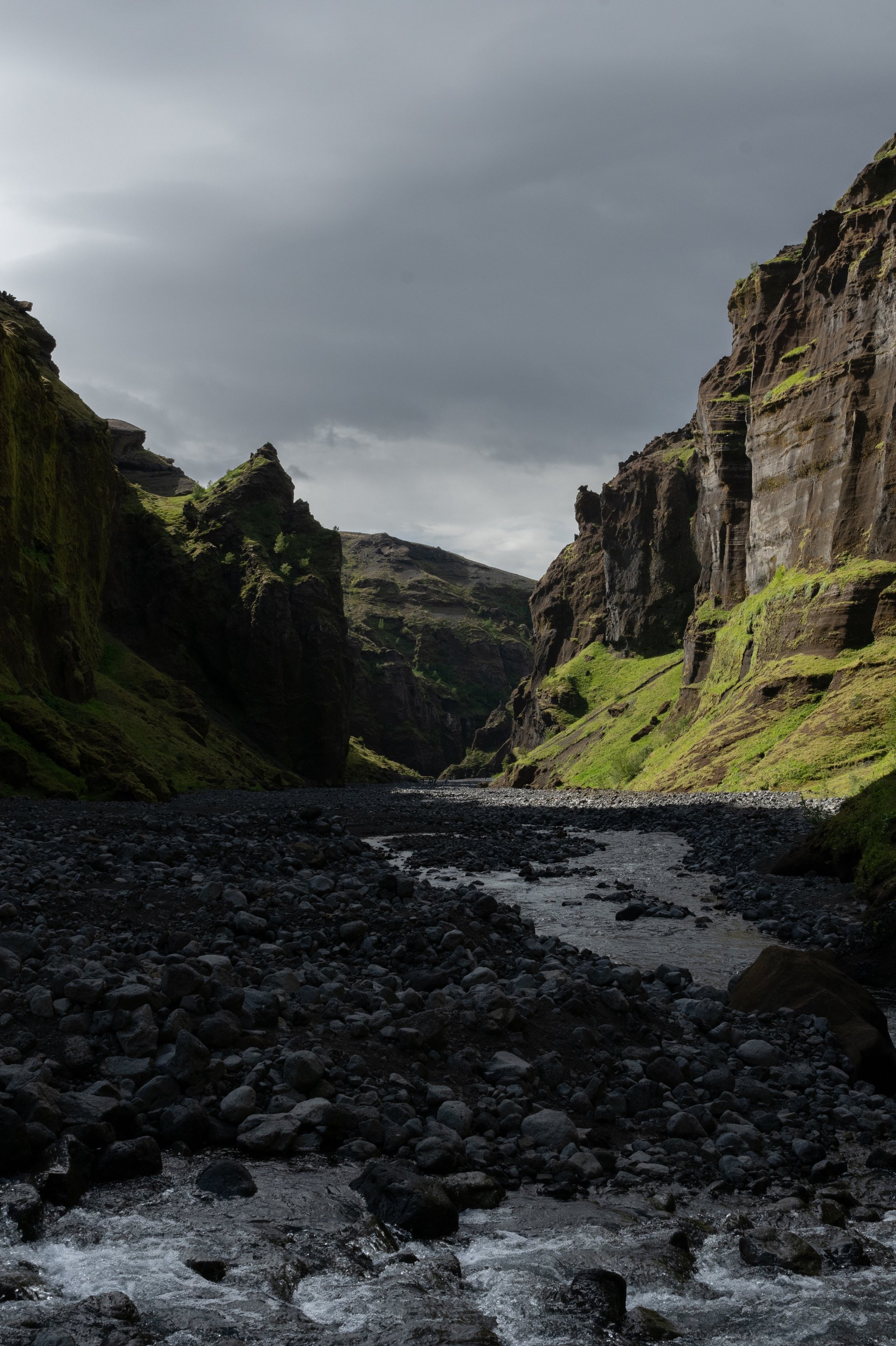 Hidden waterfall at the end of Stakkholtsgjá canyon