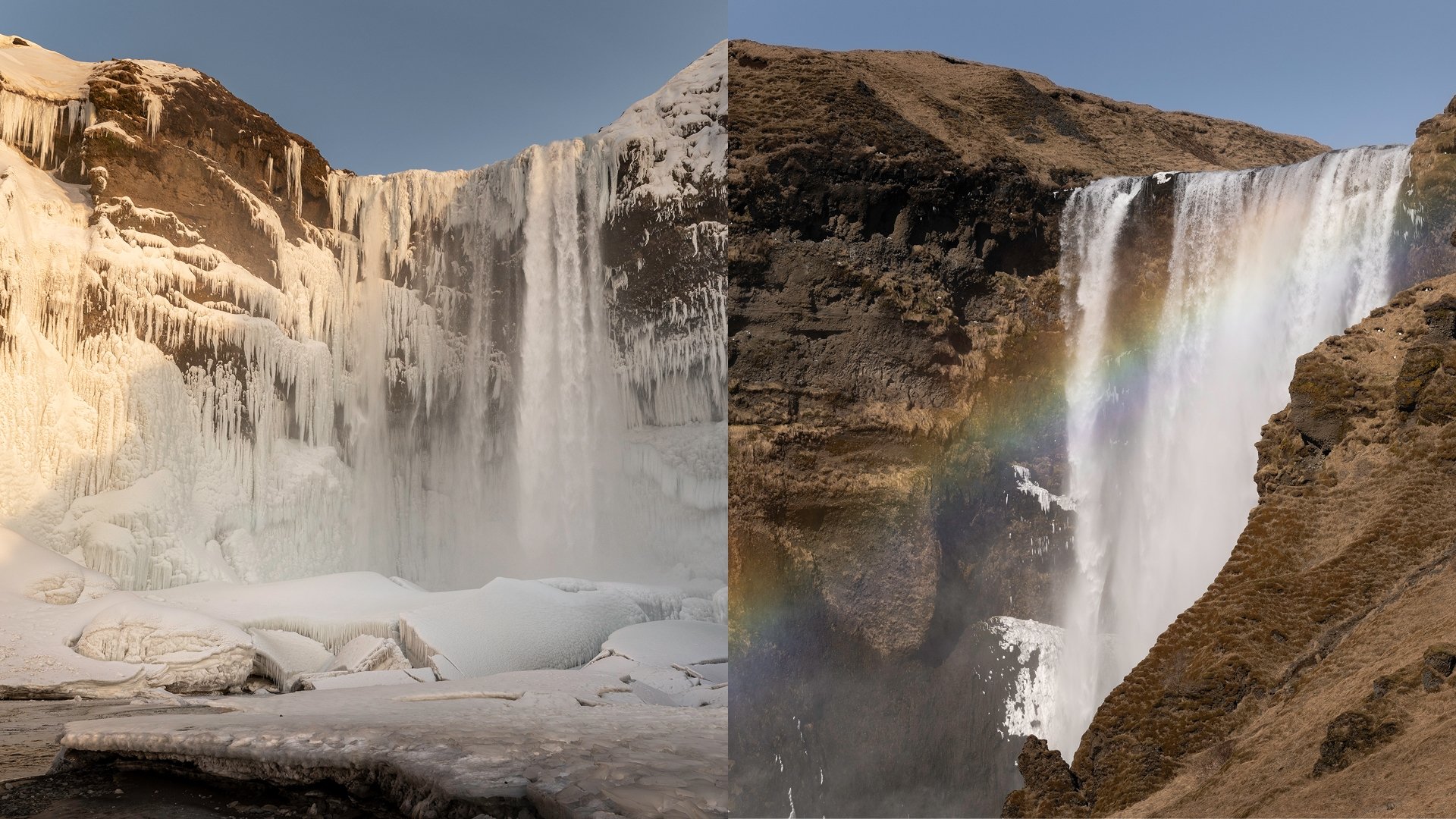 Iceland landscape showing winter snow and summer greenery contrast