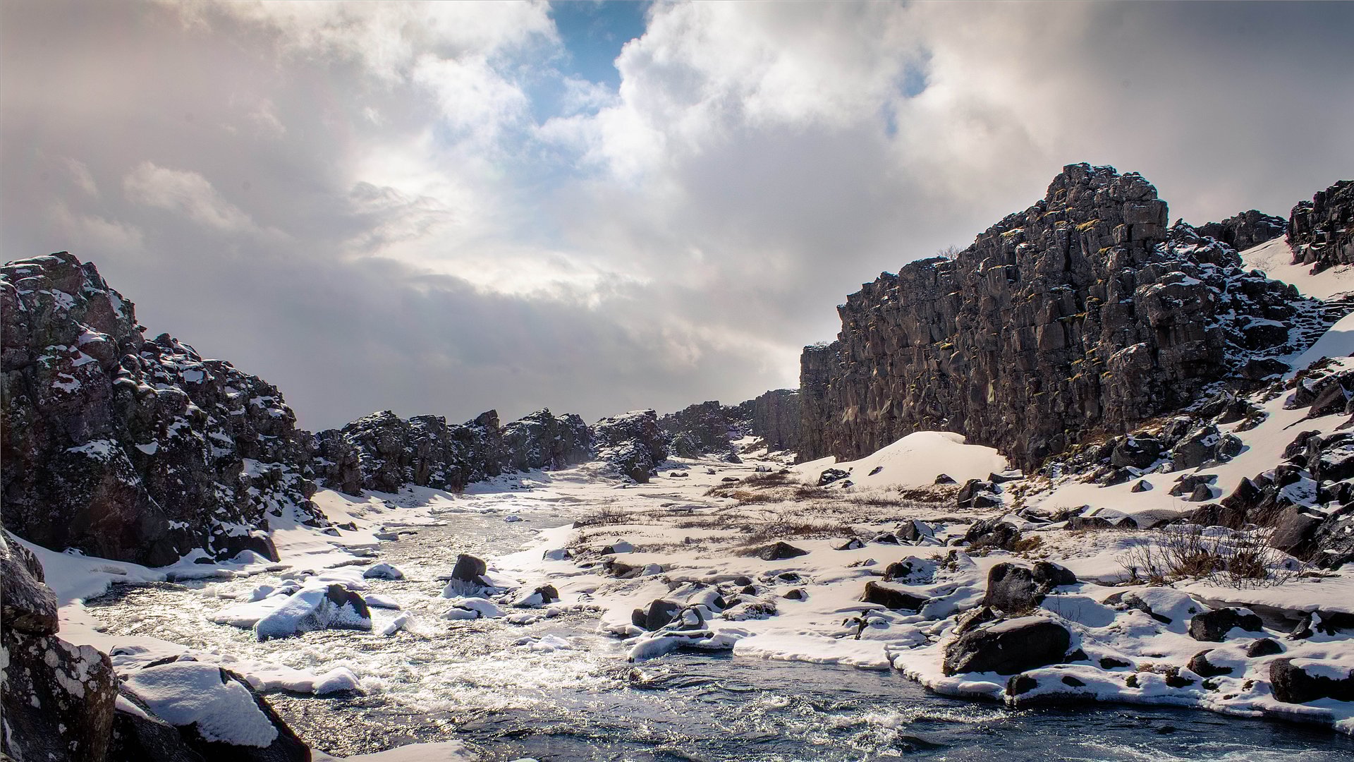 Snowy Icelandic landscape with dramatic winter scenery