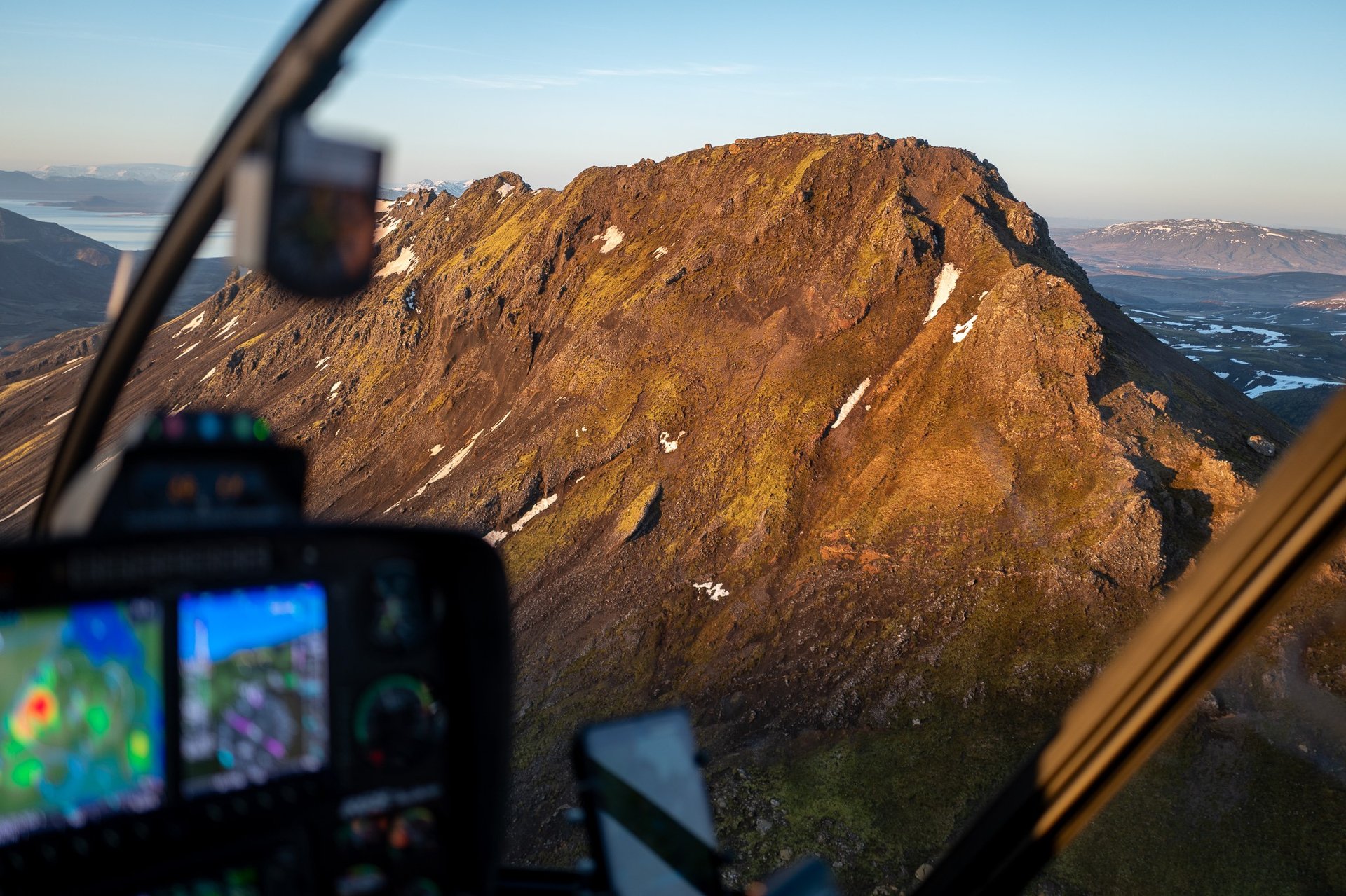 Skjaldbreiður shield volcano and surrounding lava fields from helicopter