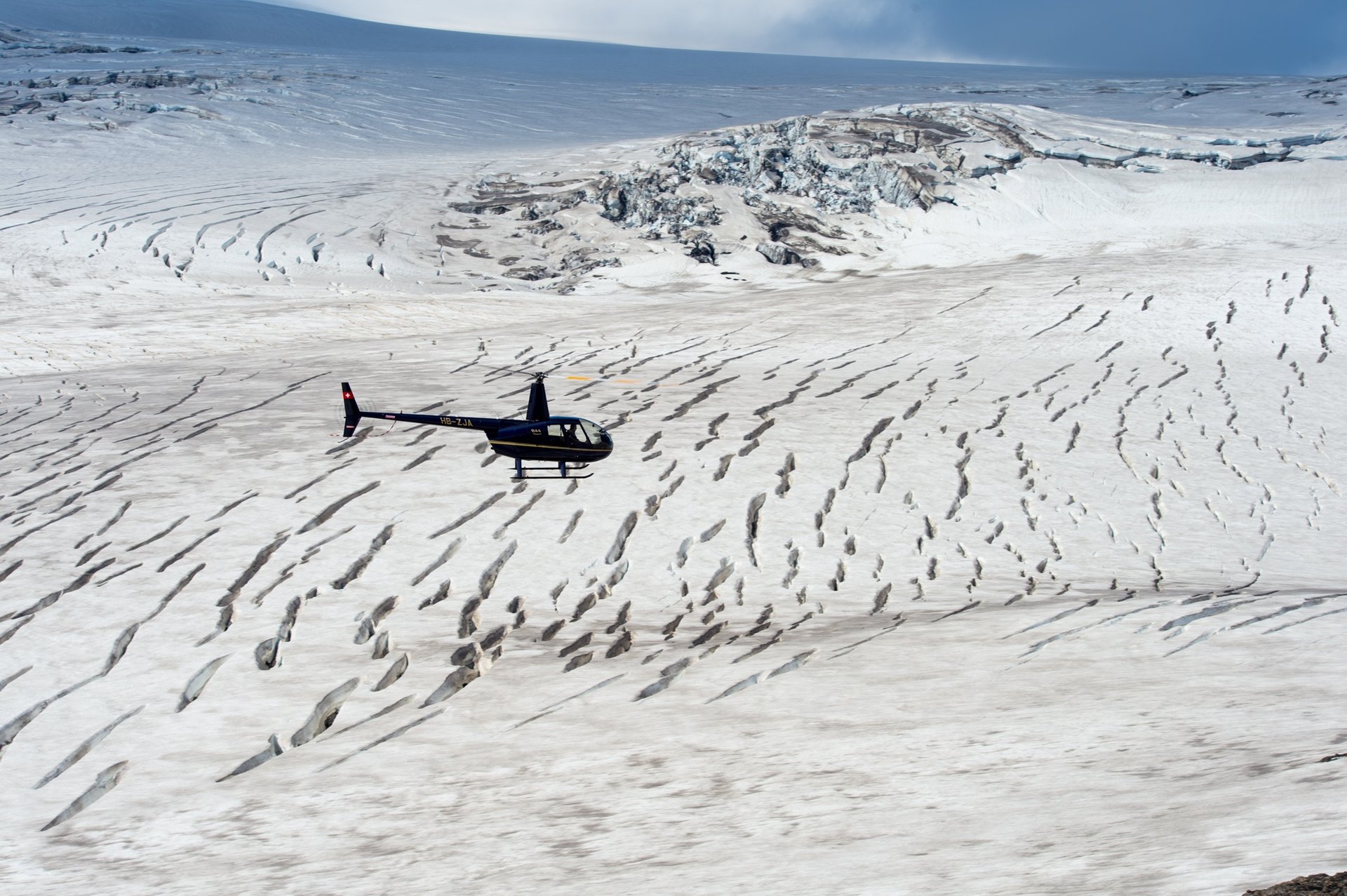 Panoramic glacier landscape view from helicopter landing site