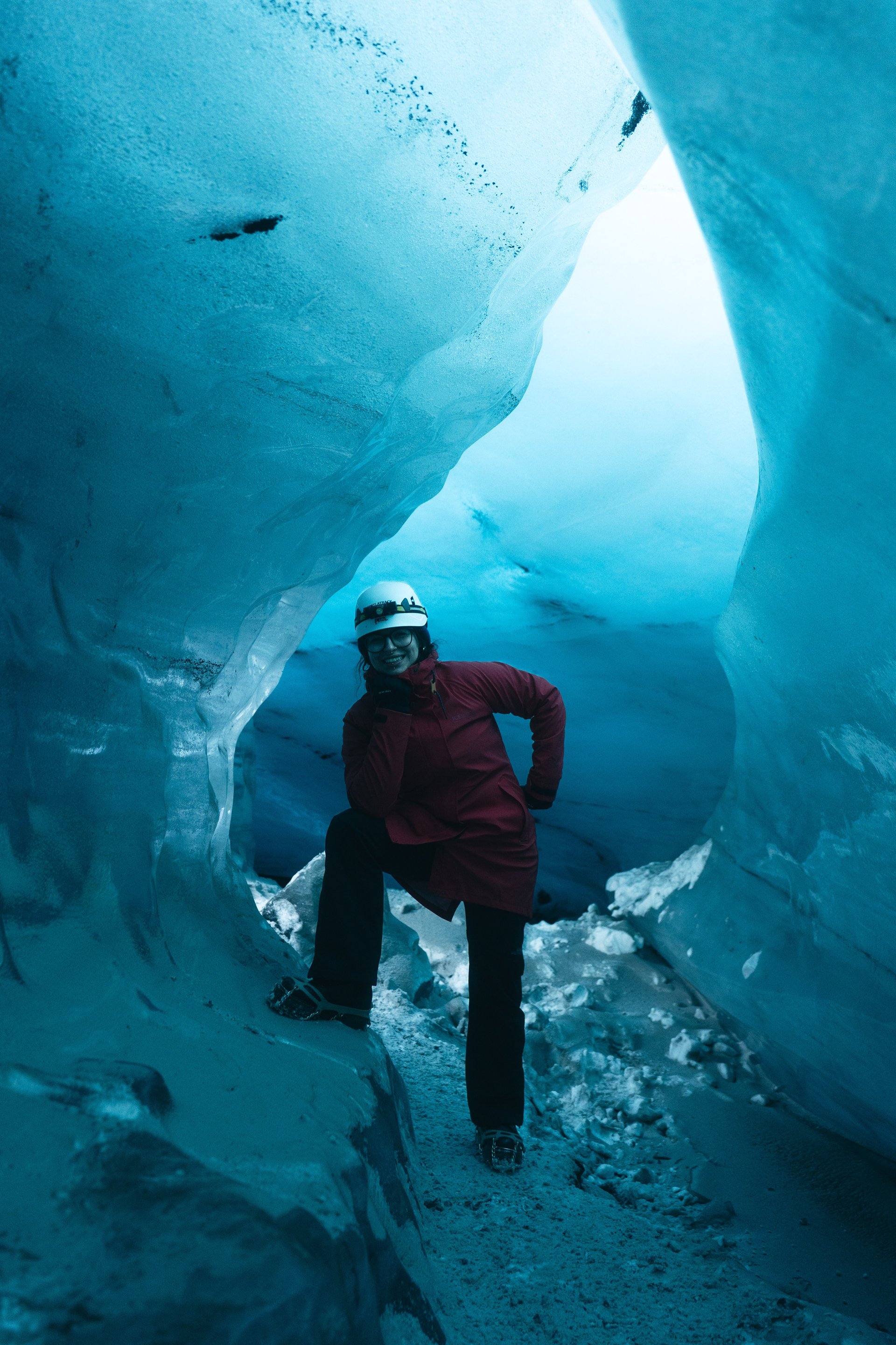 Dramatic ice formations inside volcanic glacier cave