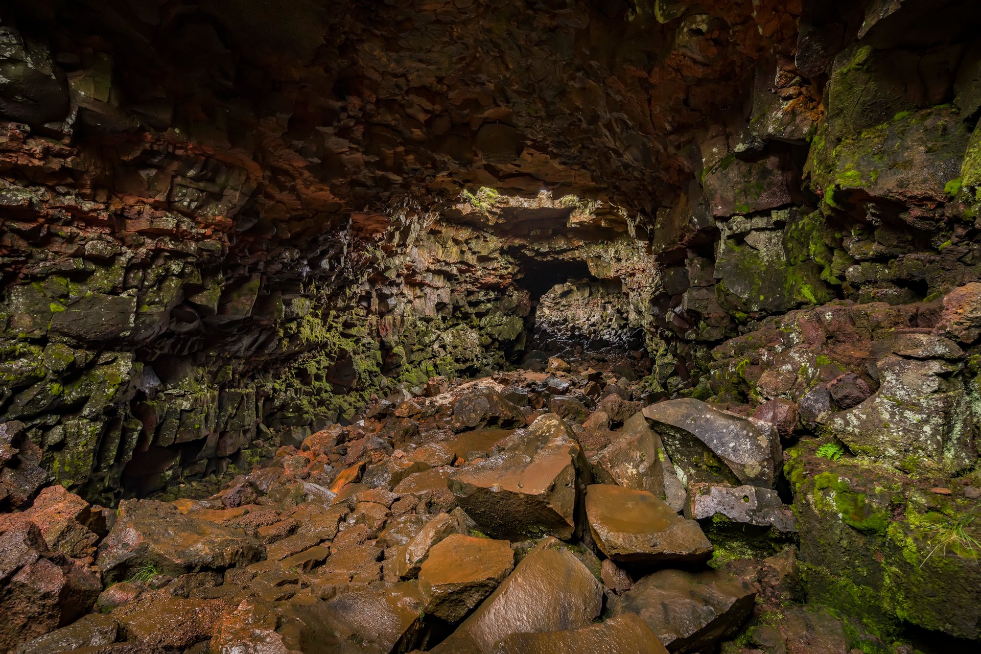 Hidden lava waterfall inside Raufarhólshellir cave system