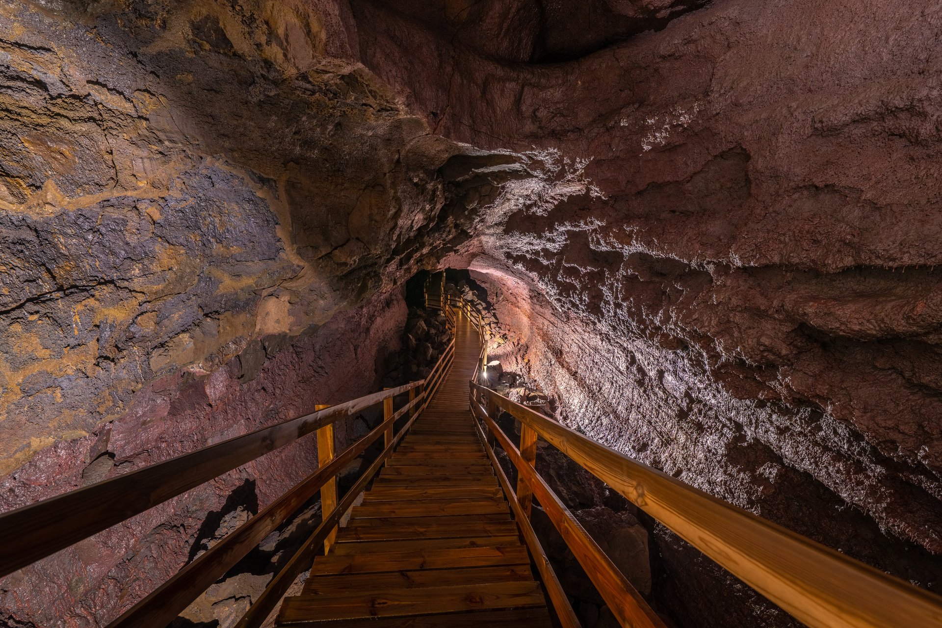 Modern walkway through Iceland's largest accessible lava tube Viðgelmir