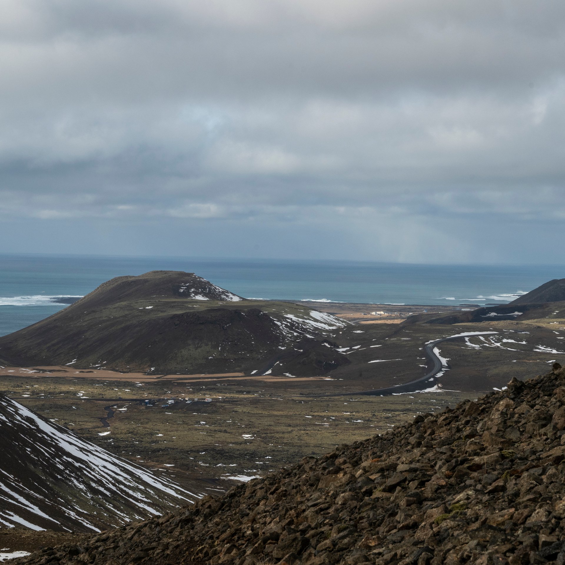 Sunset light over the Fagradalsfjall lava fields and Reykjanes Peninsula
