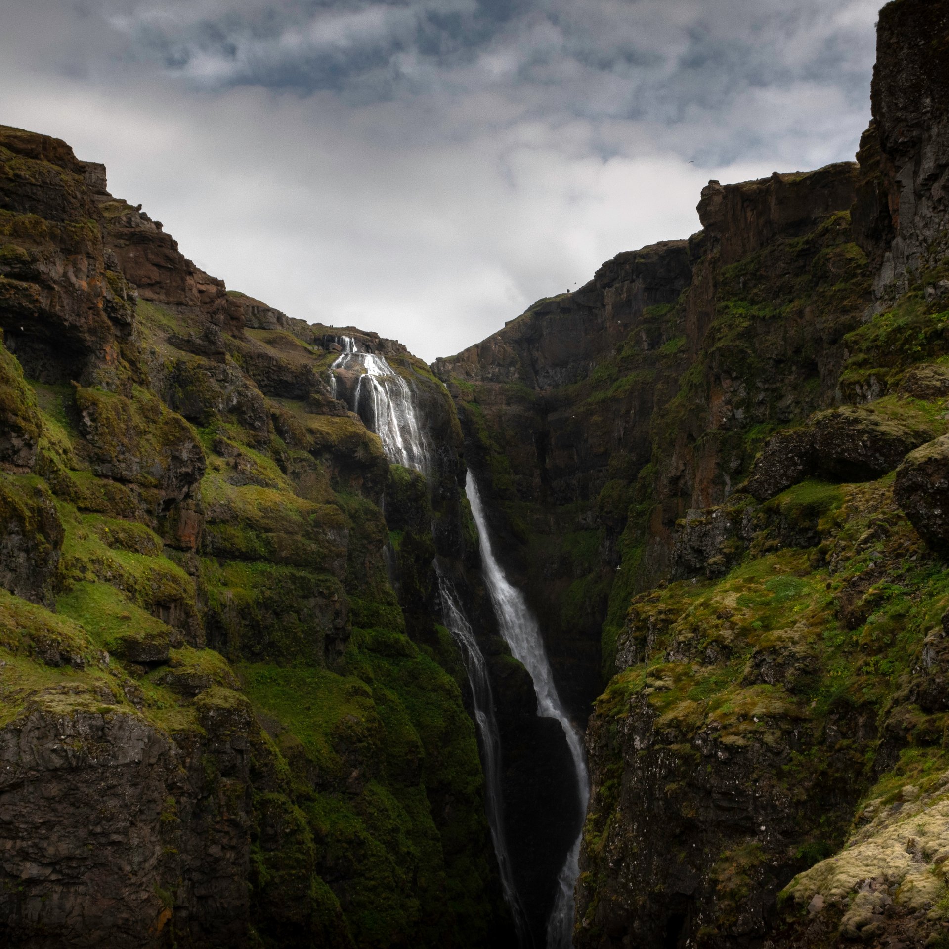 Adventure hikers crossing the famous log bridge over Botnsá river