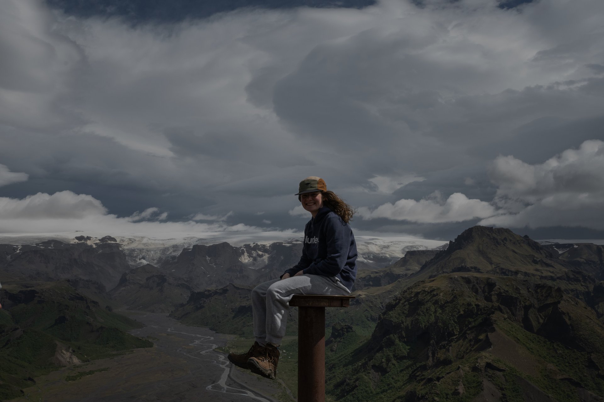 Panoramic view from Valahnúkur peak over Þórsmörk valley with glacial rivers and highland landscape