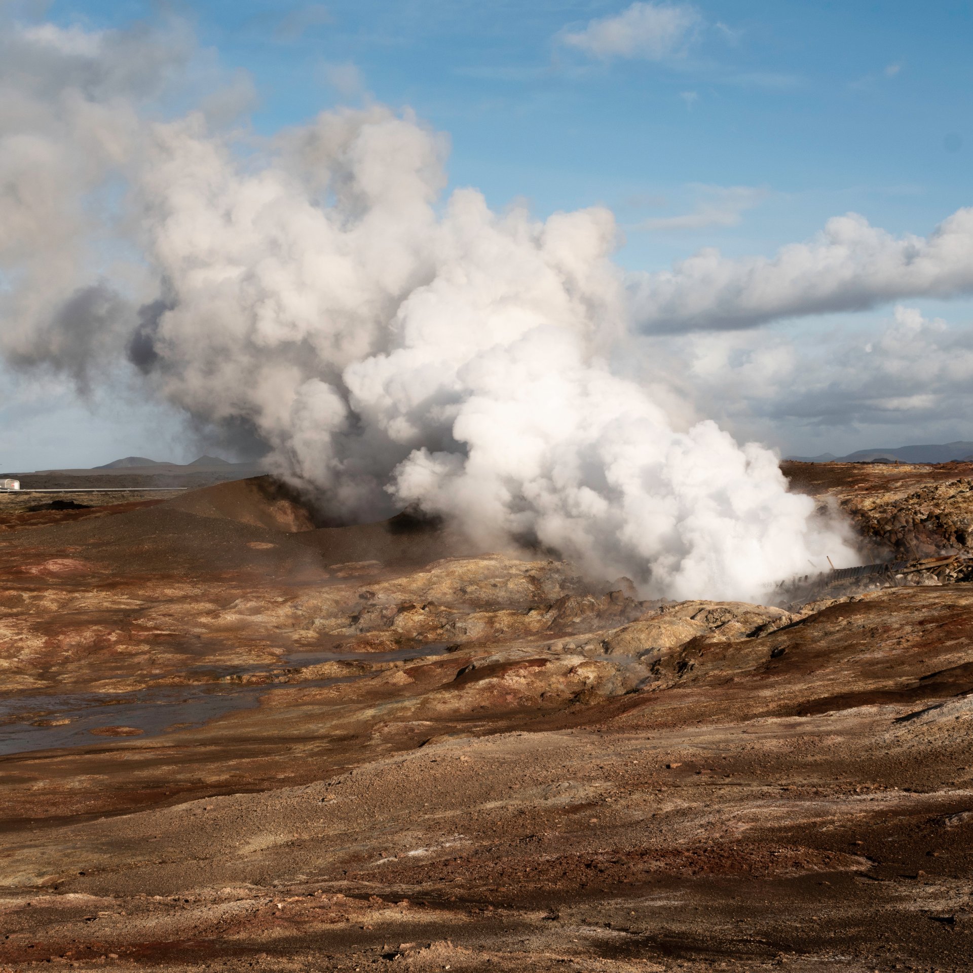 Powerful steam columns rising from Gunnuhver hot springs on the Reykjanes Peninsula