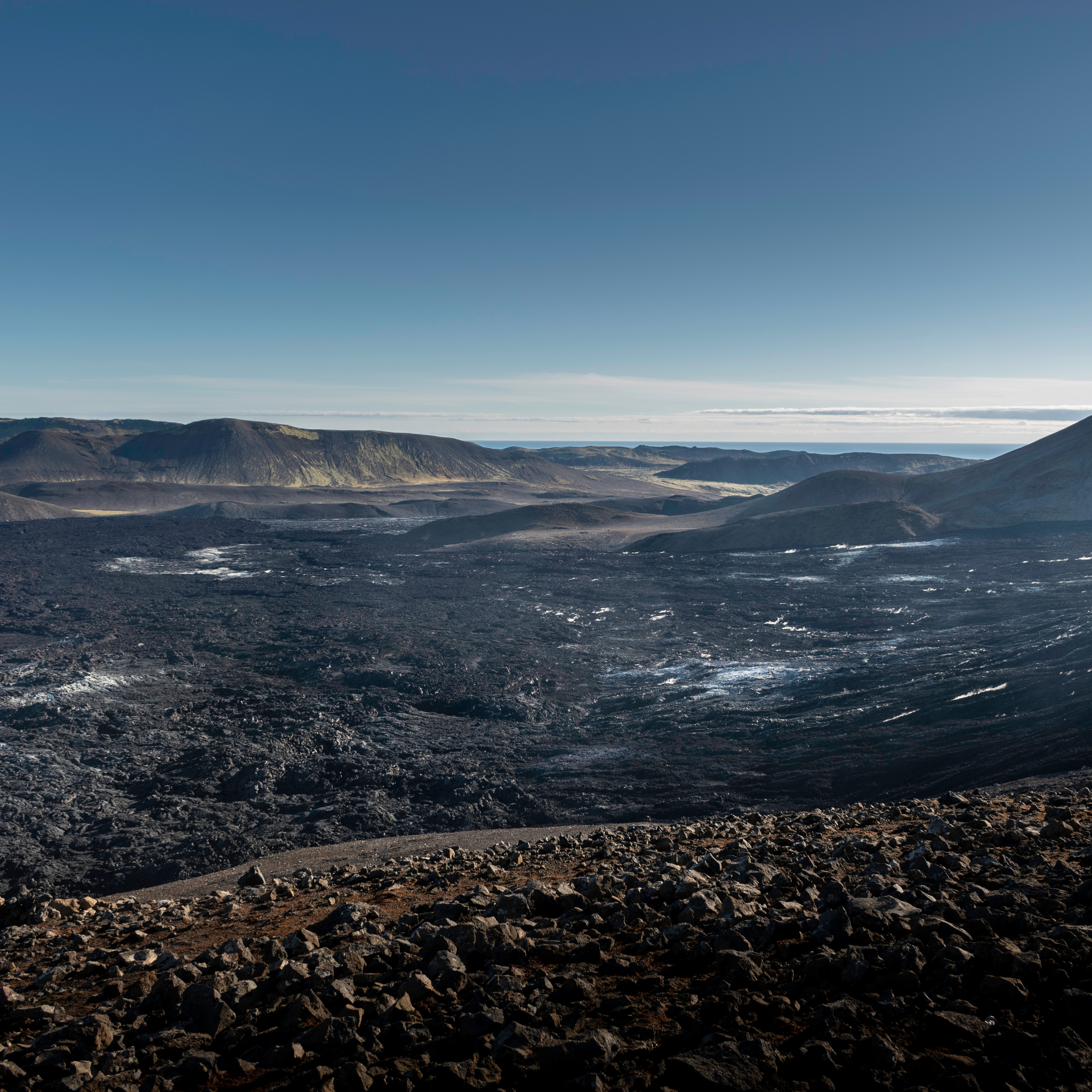 The Fagradalsfjall eruption crater with surrounding lava fields